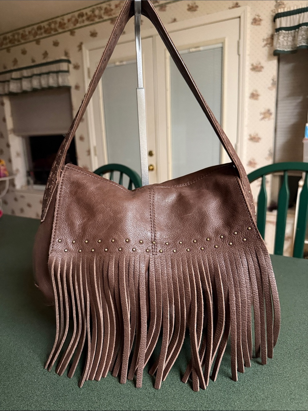 Gianni Bini Brown Fringe Shoulder Bag with Stud Detail